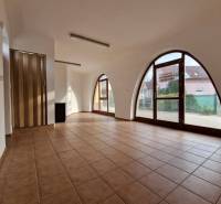 Interiér obchodních prostor s velkými obloukovými okny, dlažba a dřevěné dveře.