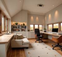 Kancelář s podlahou s dřevěným dekorem, velkými okny, regálem a křesly.