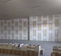 Prázdná skladová hala s betonovou podlahou a rozloženými kartony.