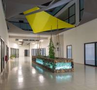 Chodba s rostlinami a geometrickými závěsy v 2-pokojovém bytě.