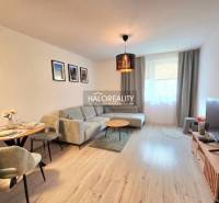 Obývací pokoj v 2-pokojovém bytě s rohovou sedačkou a televizorem, podlaha s dřevěným dekorem.