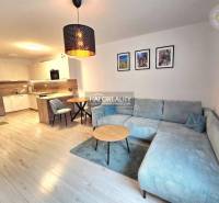 Obývací pokoj v 2pokojovém bytě s kuchyňským koutem a podlahou s dřevěným dekorem.