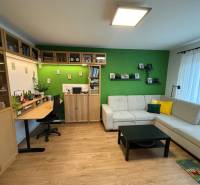 Obývací pokoj s pohovkou, pracovním stolem a podlahou s dřevěným dekorem ve 4pokojovém bytě.