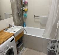 Koupelna se sprchovací vanou a pračkou ve 4-pokojovém bytě s elegantními dlaždicemi.