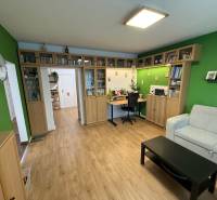 Obývací pokoj ve 4pokojovém bytě, s podlahou s dřevěným dekorem a knihovnou.