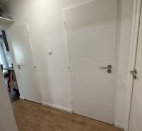 Chodba ve 4-pokojovém bytě s bílými dveřmi a podlahou s dřevěným dekorem.