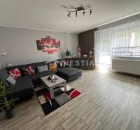 Prostorný obývací pokoj ve 3-pokojovém bytě s podlahou s dřevěným dekorem a pohodlnou sedací soupravou.