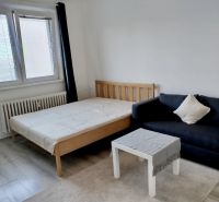 Pokoj s postelí, černou pohovkou a stolkem, podlaha s dřevěným dekorem.