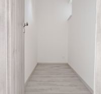 Úzká chodba v rodinném domě s podlahou s dřevěným dekorem a bílými stěnami.