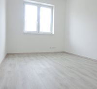 Pokoj s bílými stěnami, podlahou s dřevěným dekorem a oknem v rodinném domě.