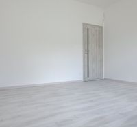 Prázdná místnost s podlahou s dřevěným dekorem a zavřenými dveřmi v rodinném domě.