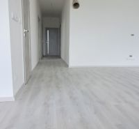 Interiér rodinného domu s bílými stěnami a podlahou s dřevěným dekorem.