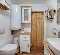 Koupelna v rodinném domě s WC, umyvadlem a skříněmi, podlaha s dřevěným dekorem.