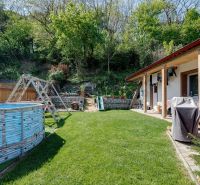 Zahrada rodinného domu v Potzneusiedl s bazénem, trávníkem a dřevěnou houpačkou.