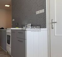Kuchyně s laděním šedých skříněk a podlahou s dřevěným dekorem v 2pokojovém bytě.