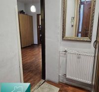 Prostor v rodinném domě s podlahou s dřevěným dekorem, zrcadlem a radiátorem.