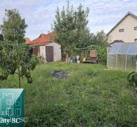 Zahrada rodinného domu v obci Tureň s trávníkem, skleníkem a stromy.