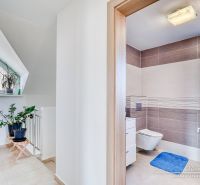Koupelna v rodinném domě s rostlinami, dlažbou a pračkou, světlé a elegantní prostředí.