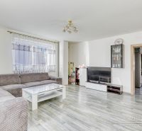 Obývací pokoj v rodinném domě s rohovou pohovkou a podlahou s dřevěným dekorem.