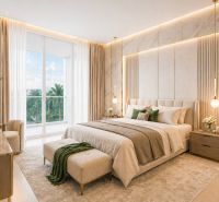 Elegantní ložnice s balkonem a podlahou s dřevěným dekorem v 2pokojovém bytě.