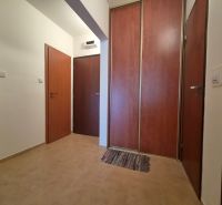 Dlažba, dřevěné dveře a vestavěná skříň v 2-pokojovém bytě.