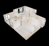 3D půdorys interiéru rodinného domu s viditelným prostorovým uspořádáním místností.