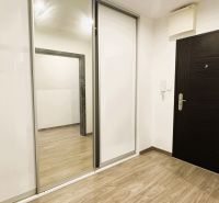 Vstupní hala ve 4-pokojovém bytě s bílou skříní a podlahou s dřevěným dekorem.