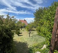 Zahrada se stromy u chaty na Agátové ulici v Šahách, pod modrou oblohou.