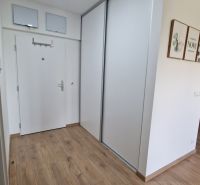 Interiér 2-pokojového bytu s podlahou s dřevěným dekorem, bílými dveřmi a jídelním koutem.