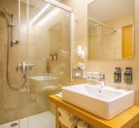 Koupelna v rekreačním apartmánu se skleněným sprchovým koutem a elegantním umyvadlem.
