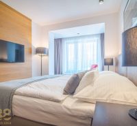 Rekreační apartmán s pohodlnou postelí, podlahou s dřevěným dekorem a velkými okny.