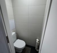 Toaleta v 3-pokojovém bytě s minimalistickými šedými obklady a tmavou podlahou.