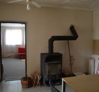 Interiér rodinného domu s krbem, ventilátorem a červenou sedačkou v pozadí.