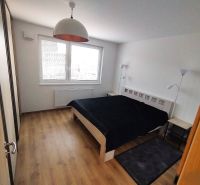 Ložnice s manželskou postelí, lampami a podlahou s dřevěným dekorem v 2-pokojovém bytě.