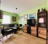 Obývací pokoj s pohovkou, televizorem a podlahou s dřevěným dekorem v Rekreačním apartmánu.
