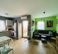 Rekreační apartmán s kuchyní, obývacím pokojem, uměním na stěnách a podlahou s dřevěným dekorem.