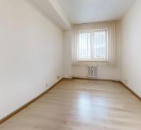 Světlá místnost s oknem a podlahou s dřevěným dekorem v 2-pokojovém bytě.