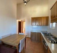 Kuchyně v rekreačním apartmánu s dřevěnými skříňkami a jídelním stolem.