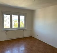 Pokoj 2pokojového bytu s podlahou s dřevěným dekorem a velkým oknem.