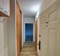 Chodba s podlahou s dřevěným dekorem v 1-pokojovém bytě s bílými dveřmi a skříňkami.