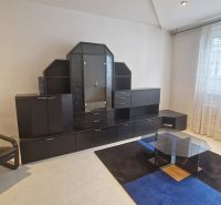 Obývací pokoj s pohovkou, skleněným stolkem a tmavou obývací stěnou ve 3pokojovém bytě.