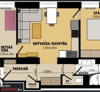 Půdorys 3-pokojového bytu s ložnicí, dětským pokojem a obývacím pokojem s kuchyní.