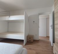 Ložnice s palandou, podlahou s dřevěným dekorem a úložným prostorem v rodinném domě.