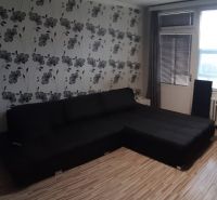 Obývací pokoj v 2-pokojovém bytě s květinovou tapetou a podlahou s dřevěným dekorem.