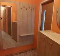 Oranžová předsíň se zrcadlem, věšáky a podlahou s dřevěným dekorem v 2-pokojovém bytě.