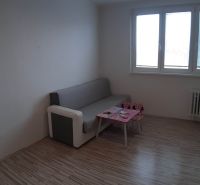 Obývací pokoj v 2pokojovém bytě s pohovkou a stolkem, podlaha s dřevěným dekorem.