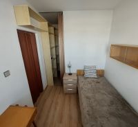 Pokoj v 1-pokojovém bytě s podlahou s dřevěným dekorem, postelí a poličkami.