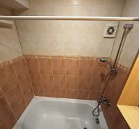 Koupelna s vanou a obklady v 3-pokojovém bytě, decentní prostor na relaxaci.