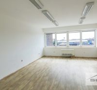 Kancelář s bílými stěnami a podlahou s dřevěným dekorem, velká okna zdrojem světla.