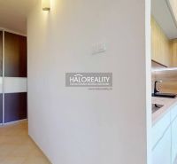 Chodba s keramickou dlažbou, vestavěnou skříní a kuchyní s dřevěným dekorem ve 3pokojovém bytě.